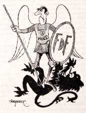 Roger Nols door Brasser afgebeeld als Sint-Michael die de Vlaamse leeuw heeft geveld, in De Brusselse Post, jaren 1970. (ADVN, VY900066)