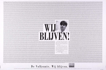 Als reactie op de overstap van Jaak Gabriëls en een aantal medestanders naar de Vlaamse liberale partij van Guy Verhofstadt lanceerde Bert Anciaux een brede campagne met de slogan 'Wij blijven' om de blijvende sterkte van de partij te onderlijnen, 28 februari 1993. (ADVN,VAFB37)
