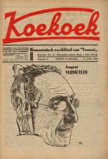 August Vermeylen, getekend door Jozef Cantré, op de omslag van het humoristische weekblad Koekoek, 11 juni 1931. Cantré beeldde Vermeylen af als Zeus, uit wiens hoofd Athena, de godin van onder meer de wijsheid en beschaving, werd geboren. (Amsab-ISG)