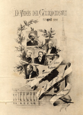 De Gelijkheidswet van 15 april 1889 voerde het Nederlands in als officiële taal van België, op gelijke voet met het Frans. De indieners van het wetsvoorstel, waaronder Juliaan de Vriendt en Edward Coremans, worden hier geëerd. (Collectie Stad Antwerpen, Letterenhuis, tglhph22751)