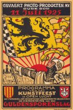 Lieven Gevaert trakteerde zijn personeel jaarlijks op een evenement ter herdenking van de Guldensporenslag. Brochure, 1925. (ADVN)