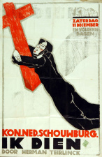 Affiche ter promotie van de opvoering van het theaterstuk 'Ik dien', onder leiding van Herman Teirlinck, in de Koninklijke Nederlandse Schouwburg (KNS) in Antwerpen, 1923. Ontwerp Lode Seghers. (Collectie Stad Antwerpen, Letterenhuis, tglhps11101)