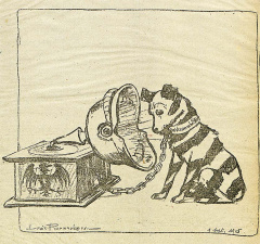 Met een parodie op het logo van het platenlabel His Master's Voice maakte de Nederlandse tekenaar Louis Raemaekers duidelijk dat De Vlaamsche Stem enkel nog gehoor gaf aan de Duitse wensen, 1 september 1915.