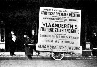 Aankondiging activistenmeeting ten voordele van de Vlaamse zelfstandigheid in het Alhambratheater, Brussel, 11 november 1917. (G. Rency, La Belgique et la guerre, 1920)