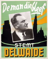 Verkiezingsaffiche van CVP-volksvertegenwoordiger Leo Delwaide, 1952. Zijn oorlogsbestuur werd tijdens de lokale verkiezingen uitgespeeld in de kiesstrijd. (Collectie Stad Antwerpen, Letterenhuis, tglhps29931)