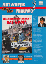 Dewinter profileerde zich steeds met een radicaal antivreemdelingendiscours. Magazine Antwerps Nieuws Vlaams Blok, jg 3, 1998, nr. 3. (ADVN, DA619/6)