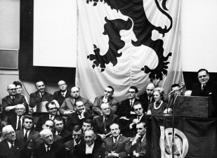 Pieter Lambrechts aan het woord tijdens de viering van 50 jaar LVV, Universiteit Gent, 21 september 1963. (Liberas, 3220)