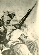 Vlaamse oostfronters verschanst in loopgraven, Kopzy, januari 1942. (ADVN, VFE25/69)