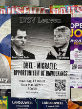 Aankondiging van een door de studentenverening LVSV georganiseerd debat tussen Maurits vande Reyde (OpdenVLD) en Filip Dewinter over migratie, 13 maart 2023.