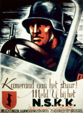 Wervingsaffiche voor de Duitse Transport- en bevoorradingseenheid Nationalsozialistisches Kraftfahrkorps (NSKK), 1941-1944. Ontwerp: Armand Panis. (CegeSoma/Rijksarchief)