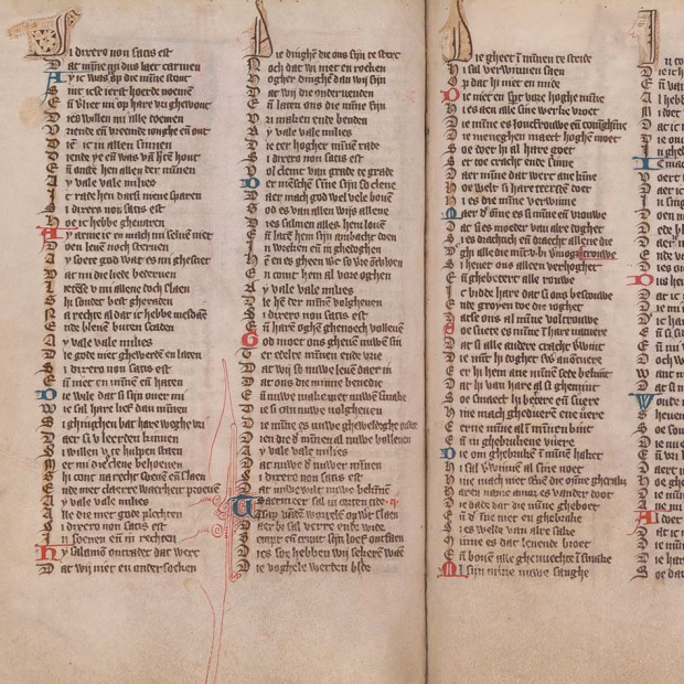 Strofische gedichten van de mystica Hadewijch, midden 14de eeuw. (Universiteitsbibliotheek Gent)