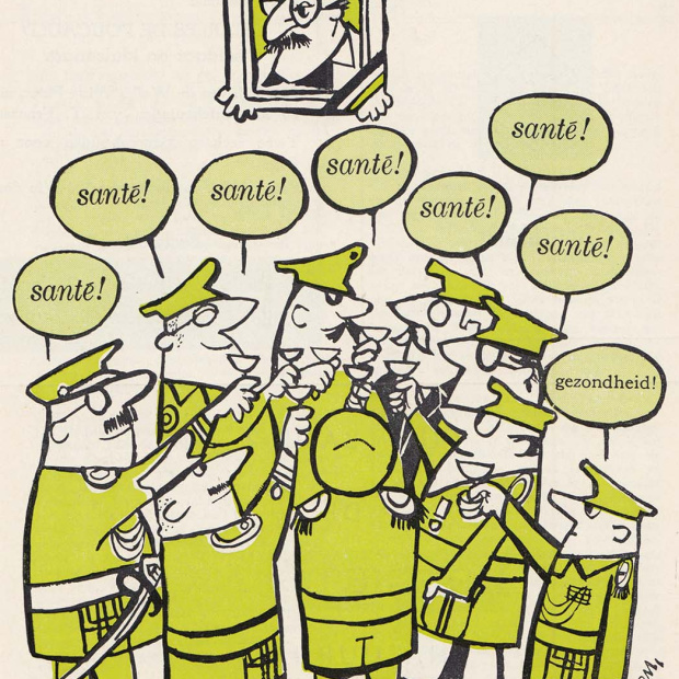 Cartoonist Steven (Stefan Laurens Wilsens) stak in het Davidsfonds-blad De Belleman (1962, jr. 31, nr. 2.) de draak met de taalverhoudingen in de hoogste rangen van het Belgische leger. (ADVN, VY134)